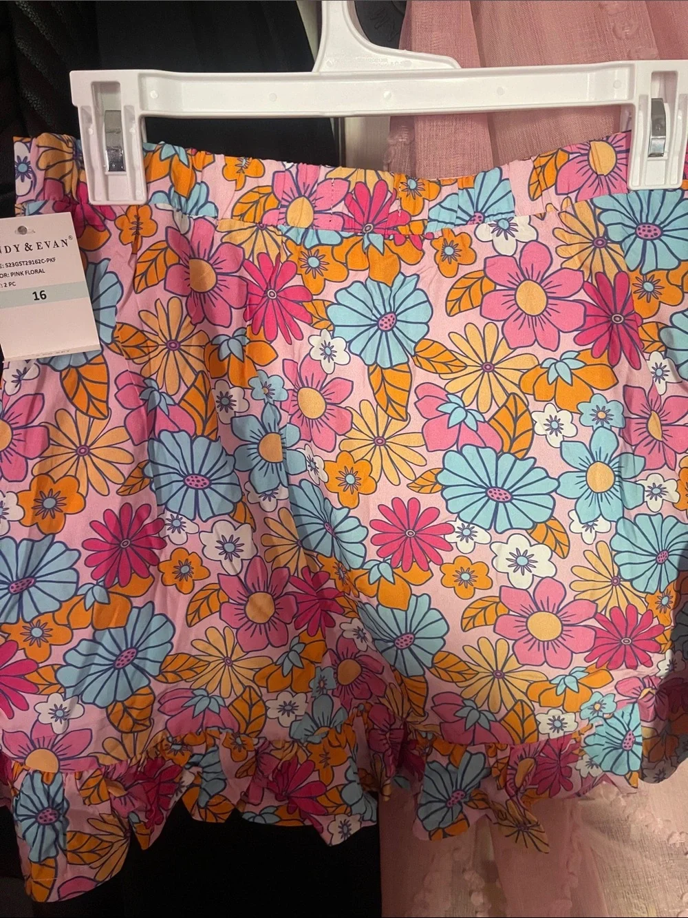 Andy & Evan Hot Pink Puff Sleeve smocked back Cropped Top & floral skirt set